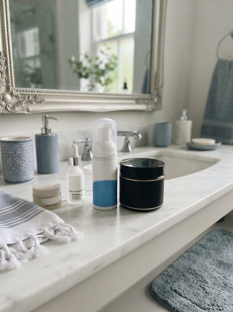 A candid lifestyle shot of TRUSON teeth whitening mousse and charcoal powder on a marble bathroom vanity in a modern home.