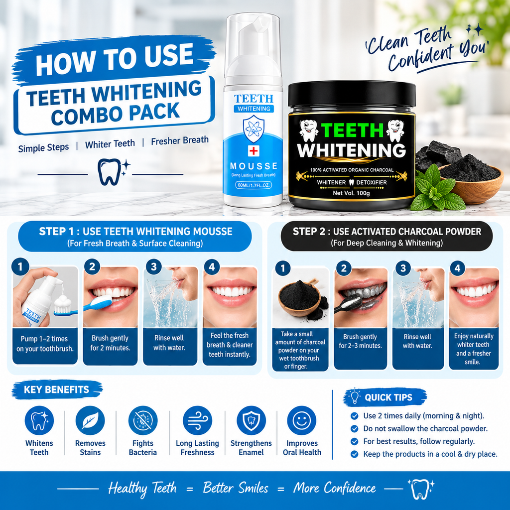 TRUSON Teeth Whitening Combo Pack | Whitening Mousse 60ml + Charcoal Powder 100g