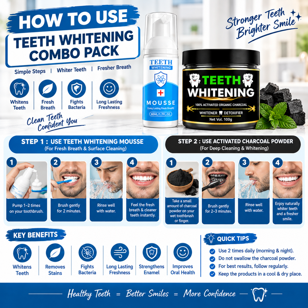TRUSON Teeth Whitening Combo Pack | Whitening Mousse 60ml + Charcoal Powder 100g