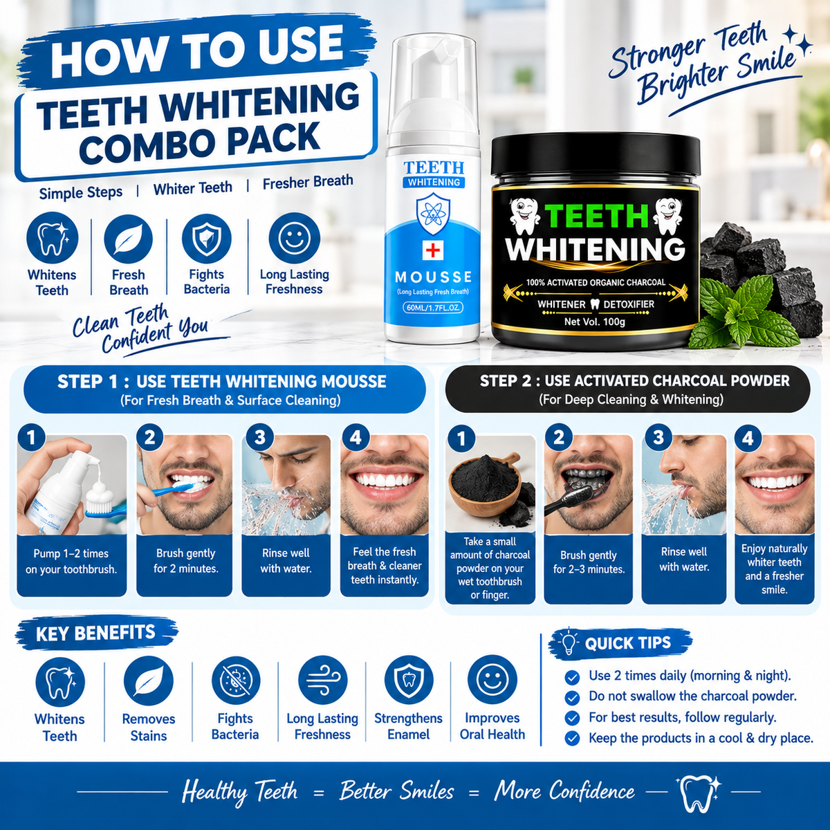 TRUSON Teeth Whitening Combo Pack | Whitening Mousse 60ml + Charcoal Powder 100g