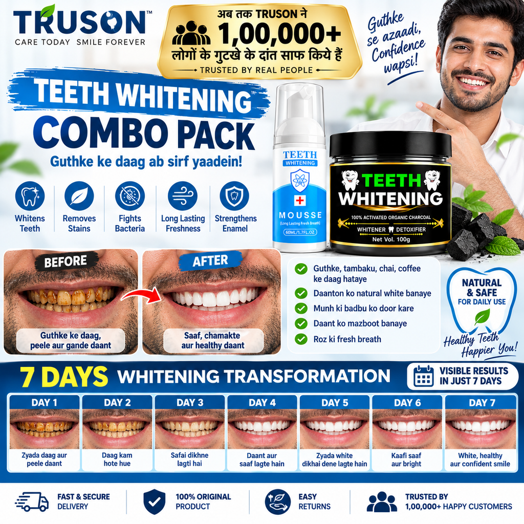 TRUSON Teeth Whitening Combo Pack | Whitening Mousse 60ml + Charcoal Powder 100g