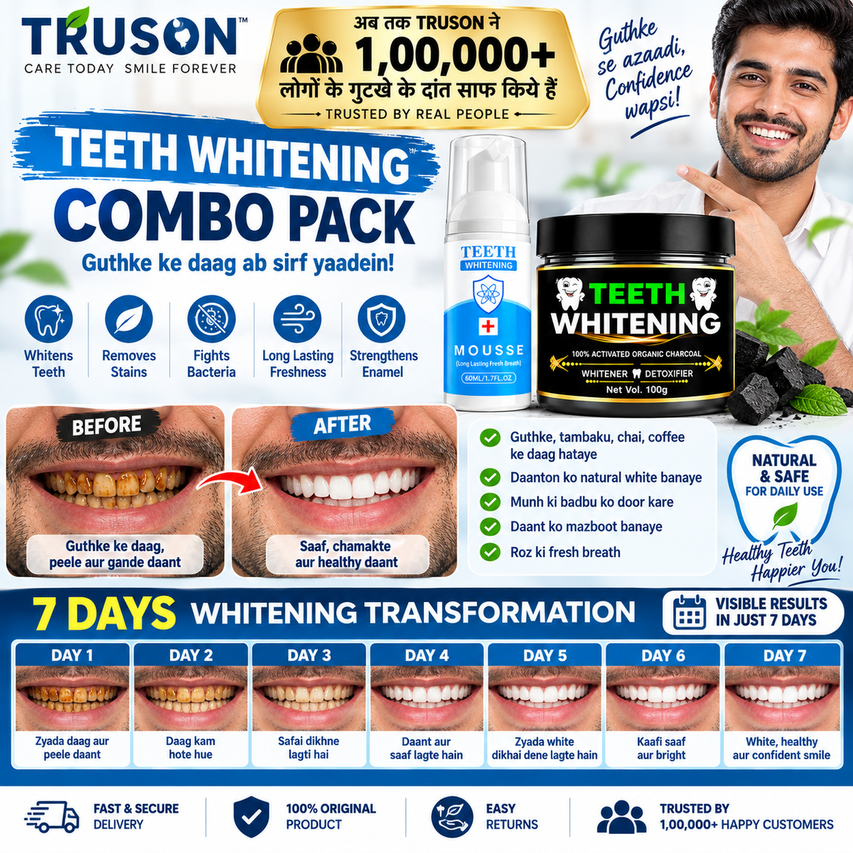 TRUSON Teeth Whitening Combo Pack | Whitening Mousse 60ml + Charcoal Powder 100g