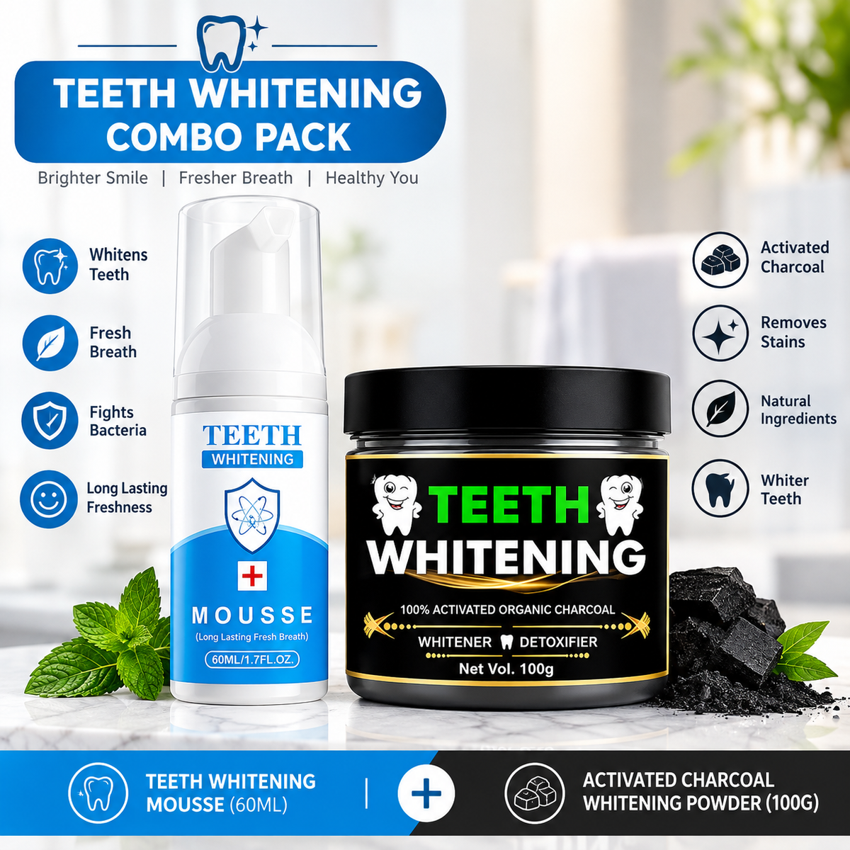 TRUSON Teeth Whitening Combo Pack | Whitening Mousse 60ml + Charcoal Powder 100g